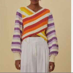 Farm Rio Sunset Stripes Crochet Crisscross Sweater